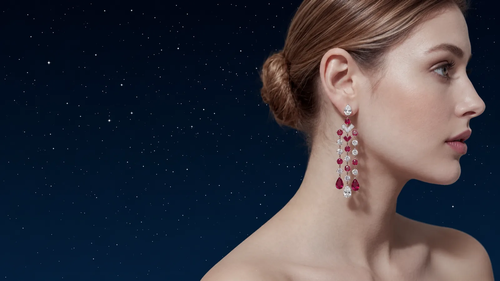 Ruby and diamond chandelier earrings against a starry night sky — Studio ALOI collection, Dubai